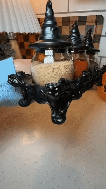 Witch-Hat Gothic Spice Jar Set with ornate resin rack and three glass jars