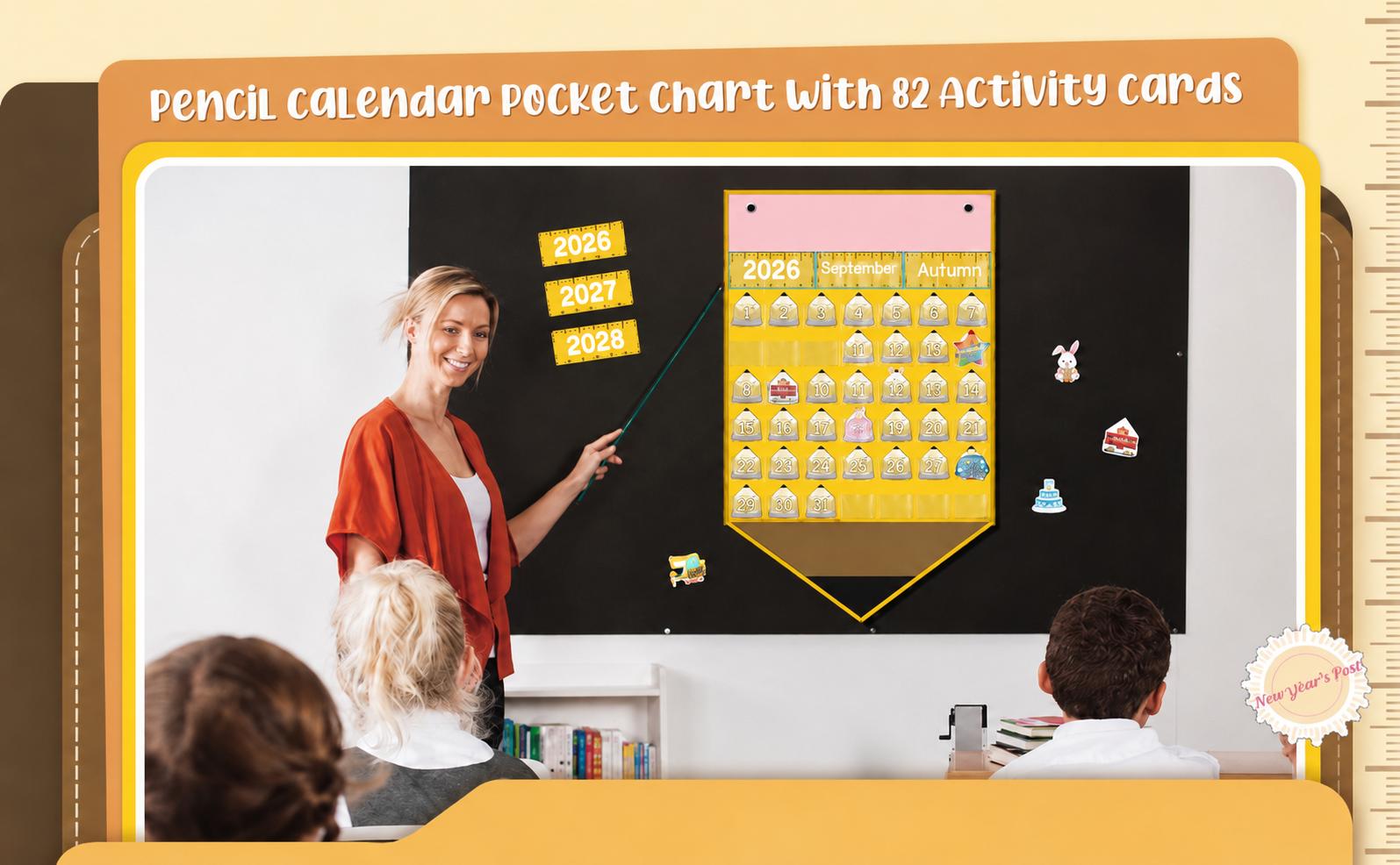 Pencil calendar pocket chart displayed in a classroom learning space
