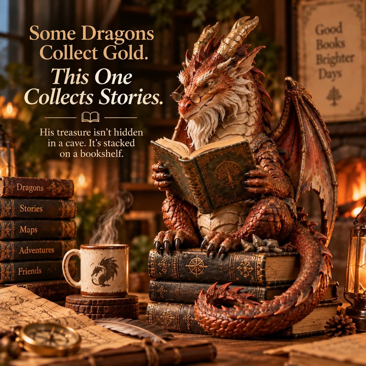 Scholar dragon surrounded by books and warm reading decor