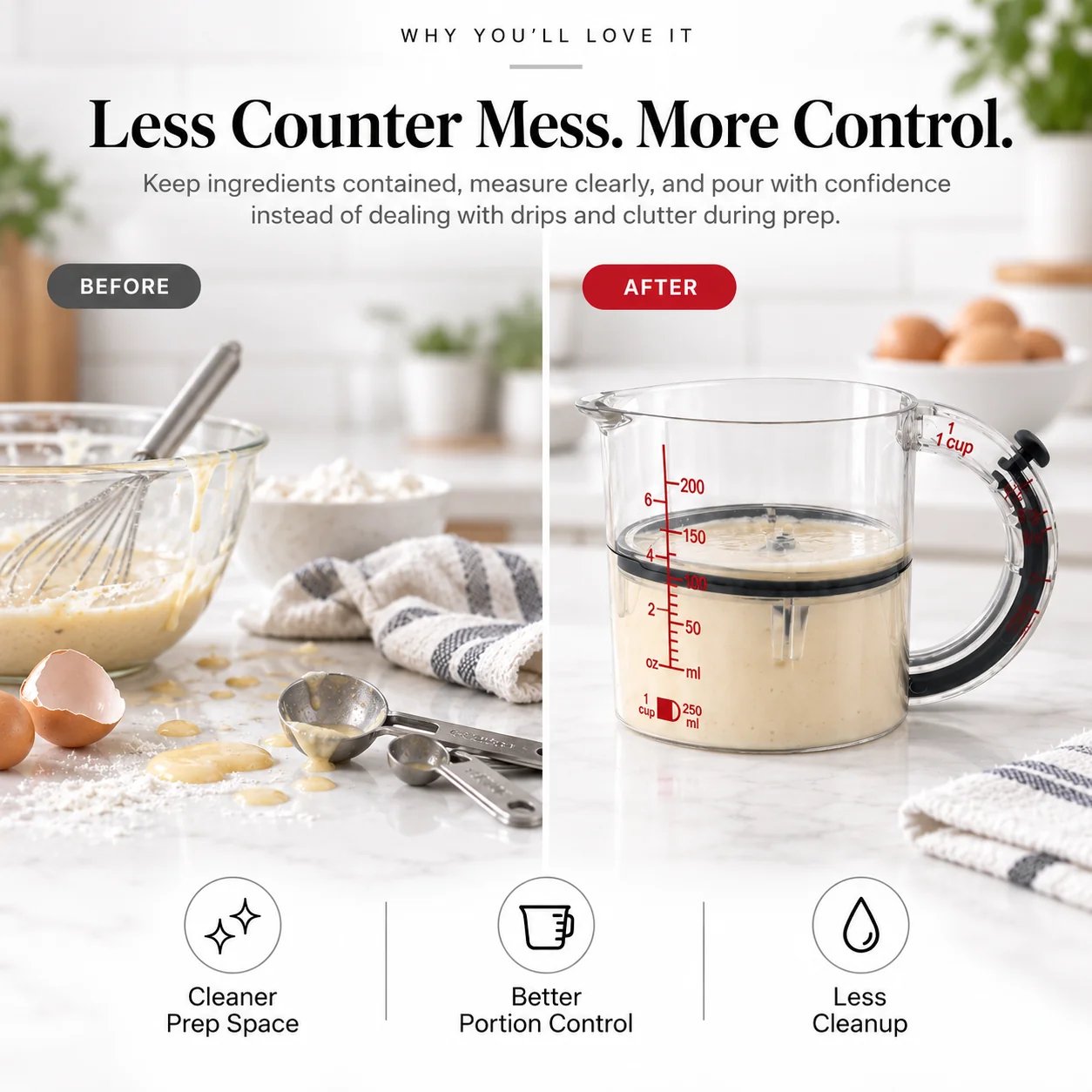 Before and after cleaner kitchen prep with MeasureMate measuring cup