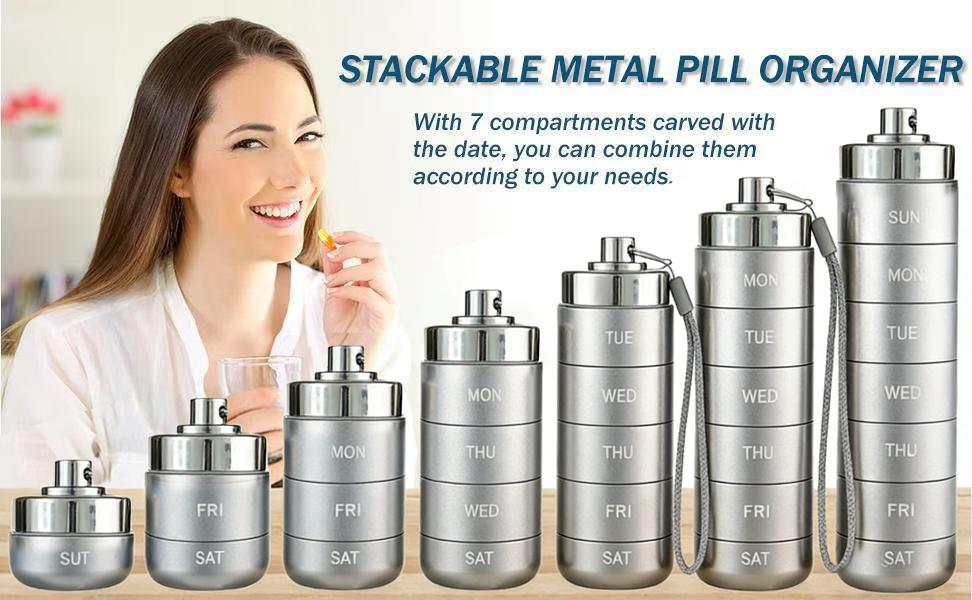 Metal Travel Pill Organizer, Portable Waterproof Weekly Pill Box, Large Aluminum Alloy Container, BPA Free 7 Day Daily Medicine Organizer Holder for Vitamin, Fish Oil, Supplement Storage box Metal Travel Pill Organizer, Portable Waterproof Weekly Pill Box, Large Aluminum Alloy Container, BPA Free 7 Day Daily Medicine Organizer Holder for Vitamin, Fish Oil, Supplement Storage box