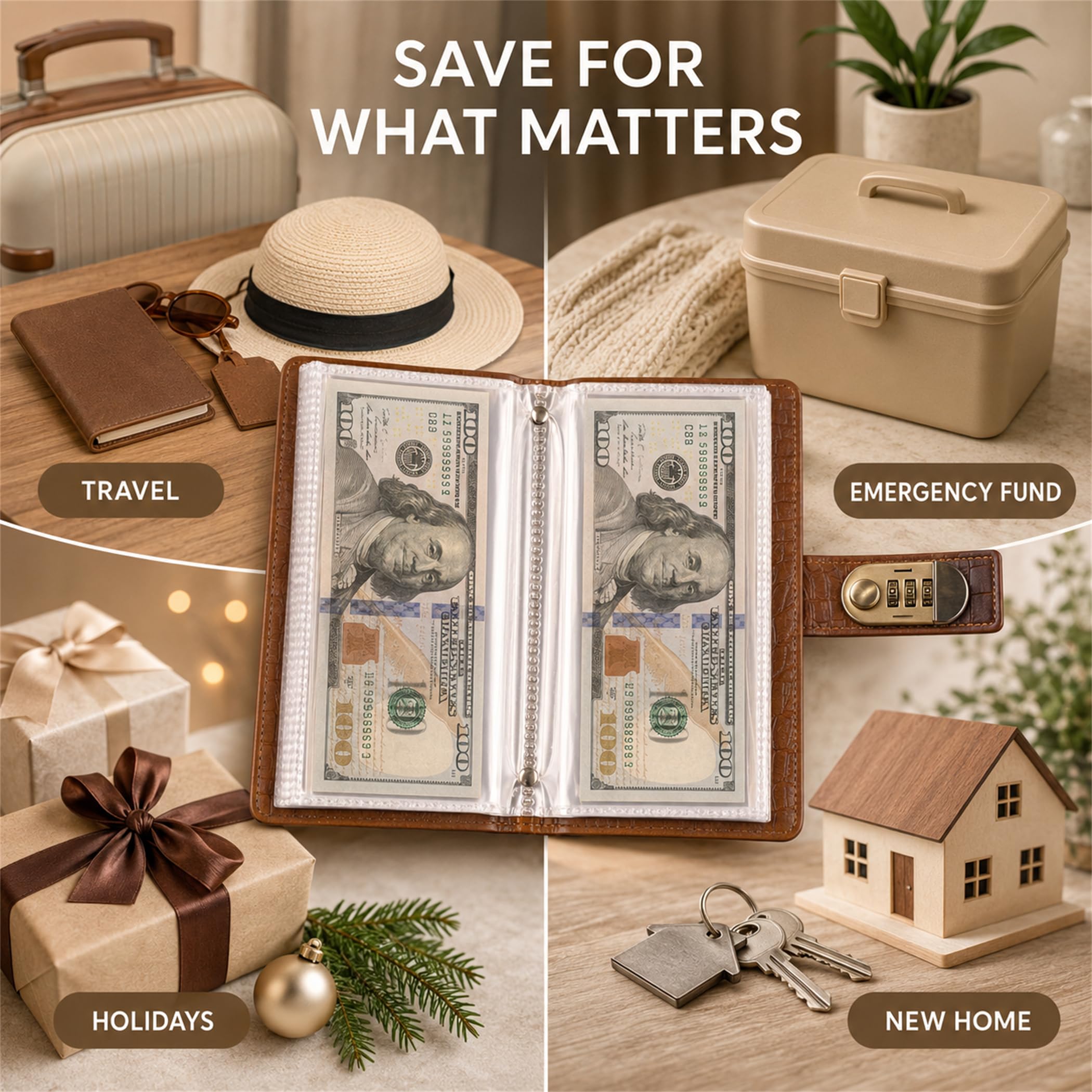 Organize cash savings for the goals that matter Lockable cash organizer used for travel, emergency fund, holiday and new home savings goals