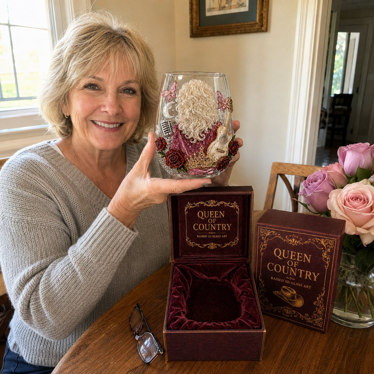 Customer holding her Country Queen glass beside the presentation box