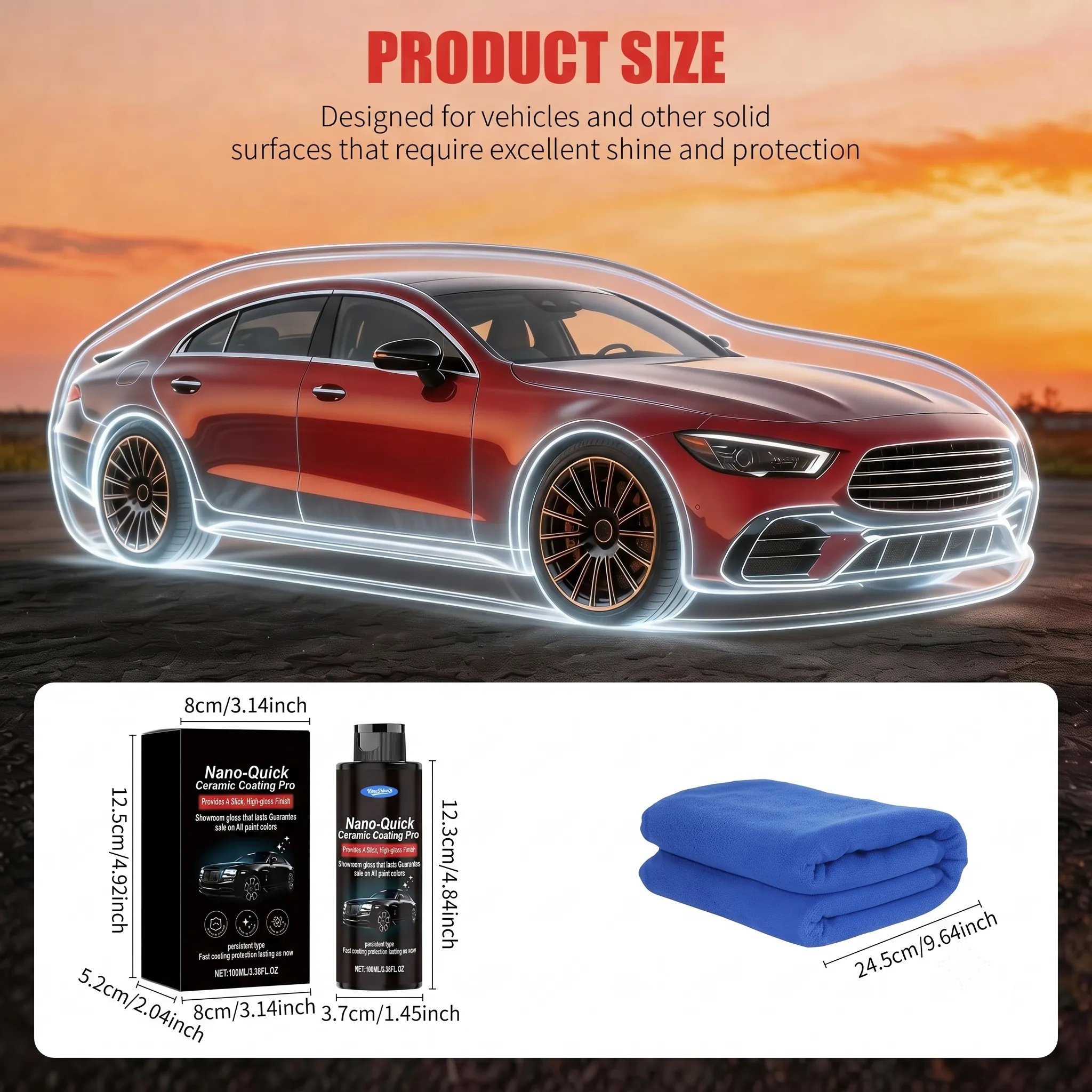 Product Size and Dimensions for Box, Bottle, and Microfiber Towel
