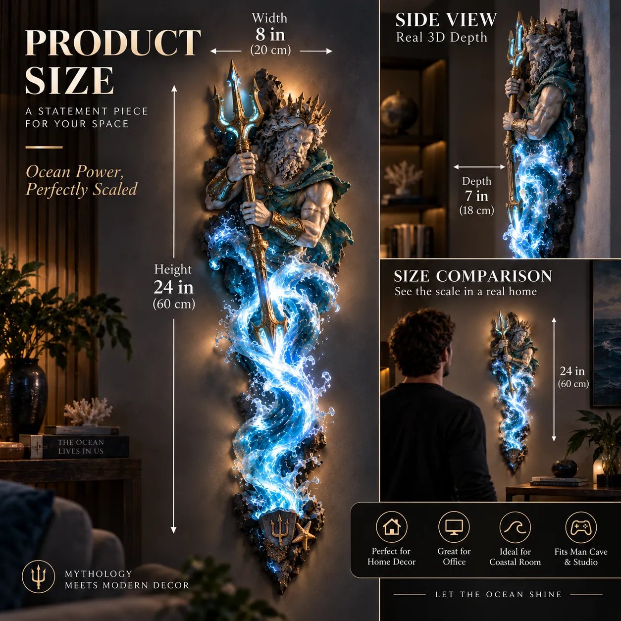 Blue illuminated mythological wall sculpture