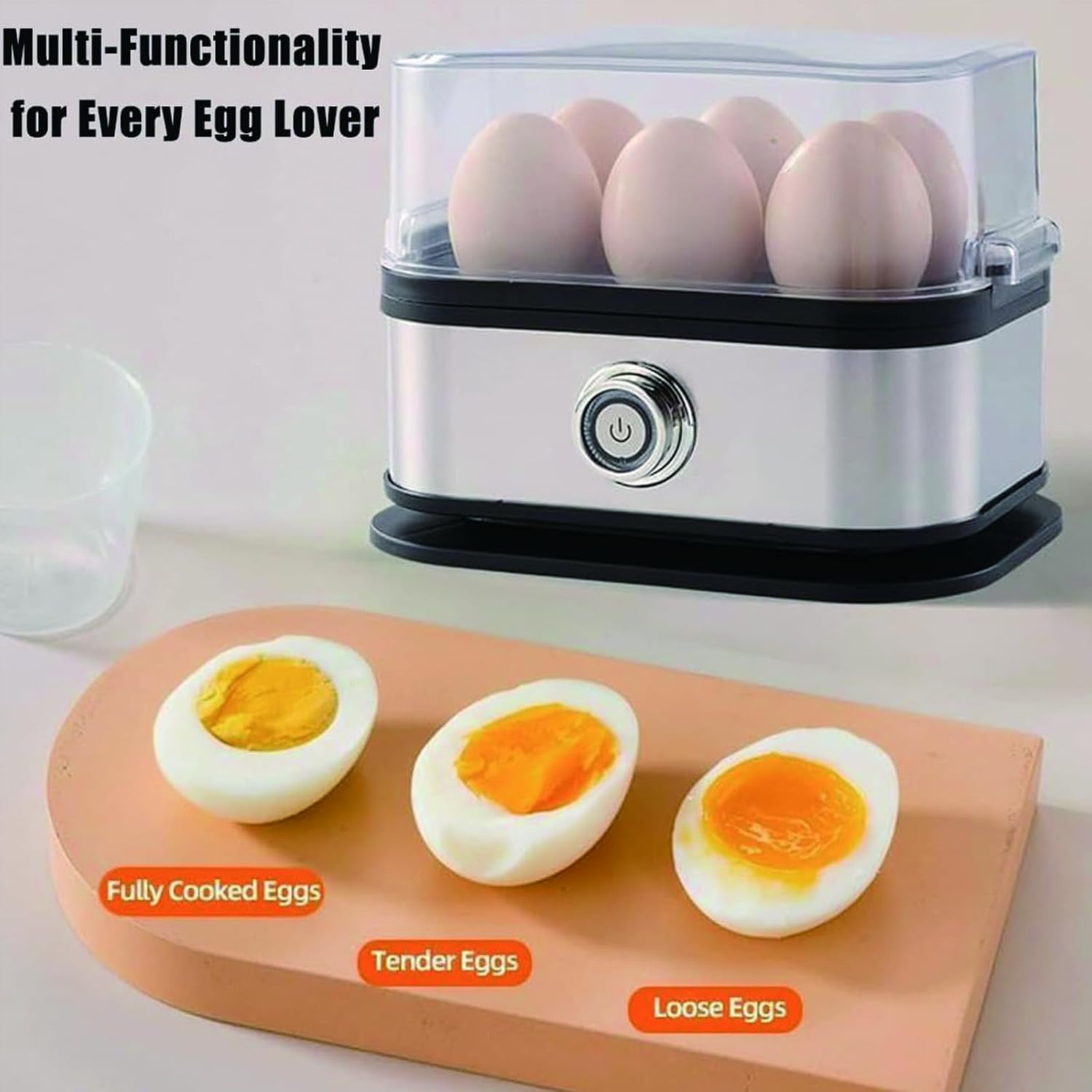 Square electric egg cooker with eggs prepared to different doneness