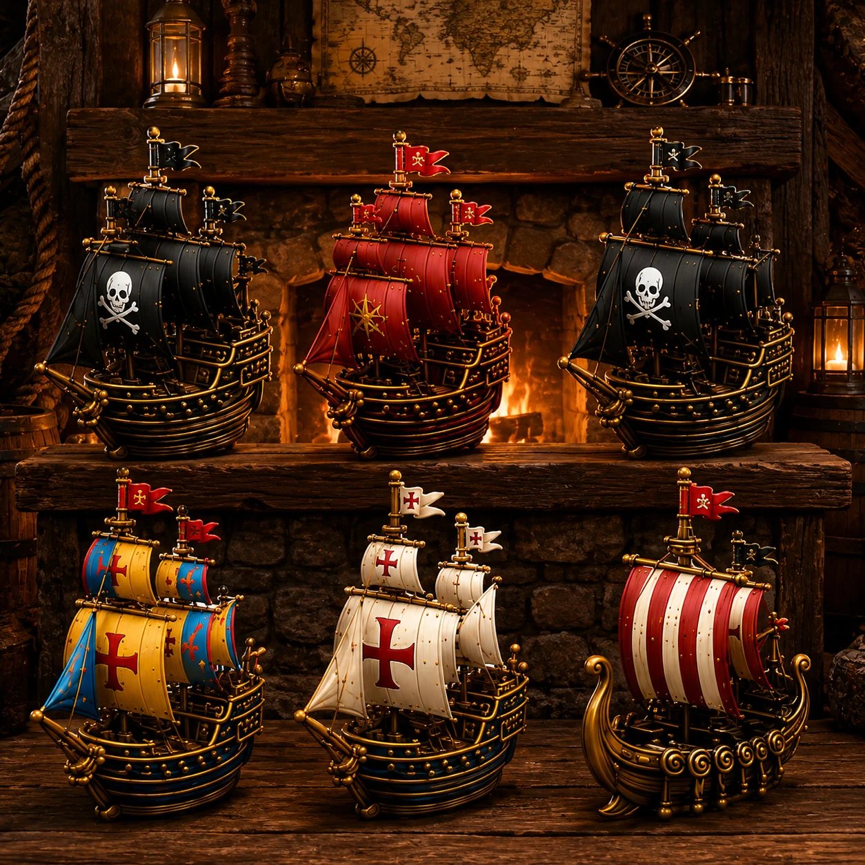 Six miniature sailing ships with black, red, white, and striped sails