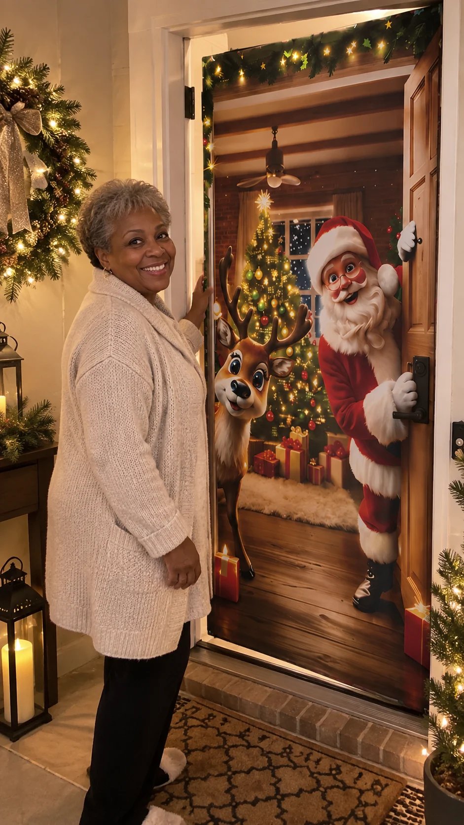 Customer standing beside a festive Santa and reindeer Christmas door cover
