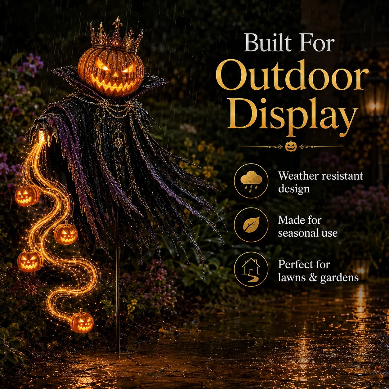 Weather resistant Pumpkin King Halloween garden decoration outdoors in rain