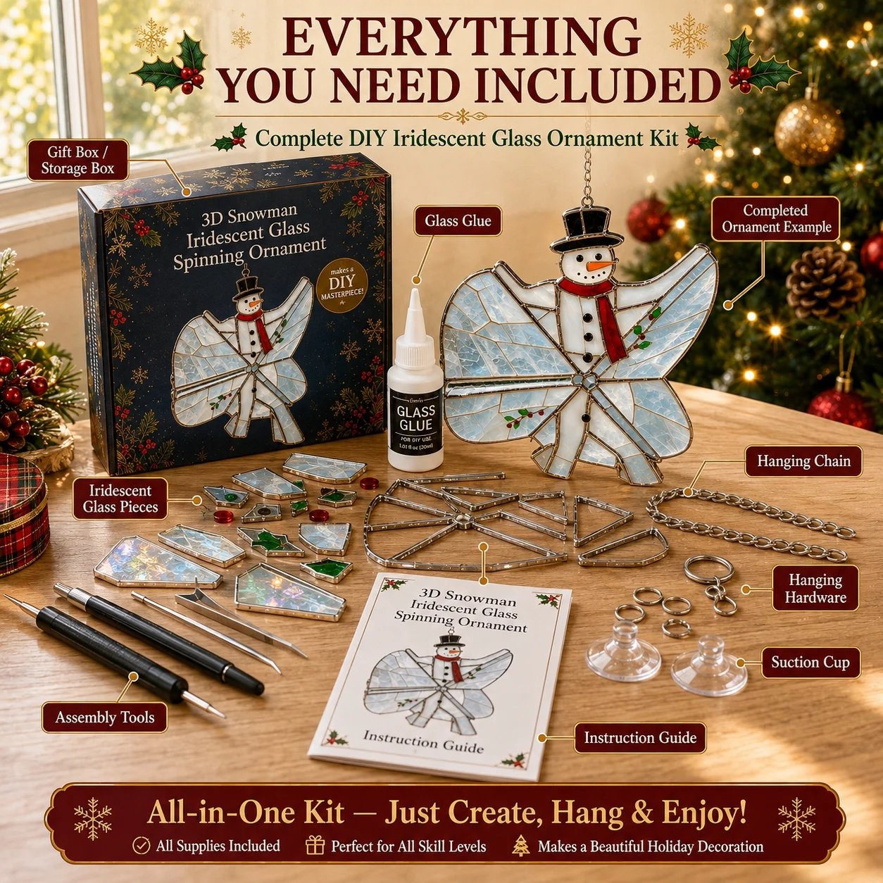 Everything included with the DIY 3D snowman iridescent glass ornament kit