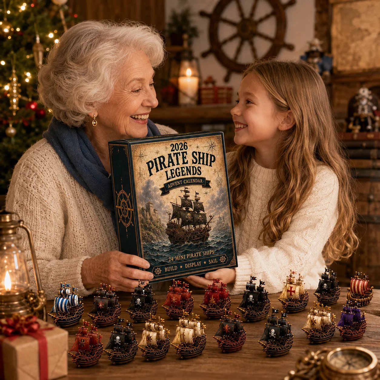 A grandmother and granddaughter sharing the Pirate Ship Legends calendar at Christmas