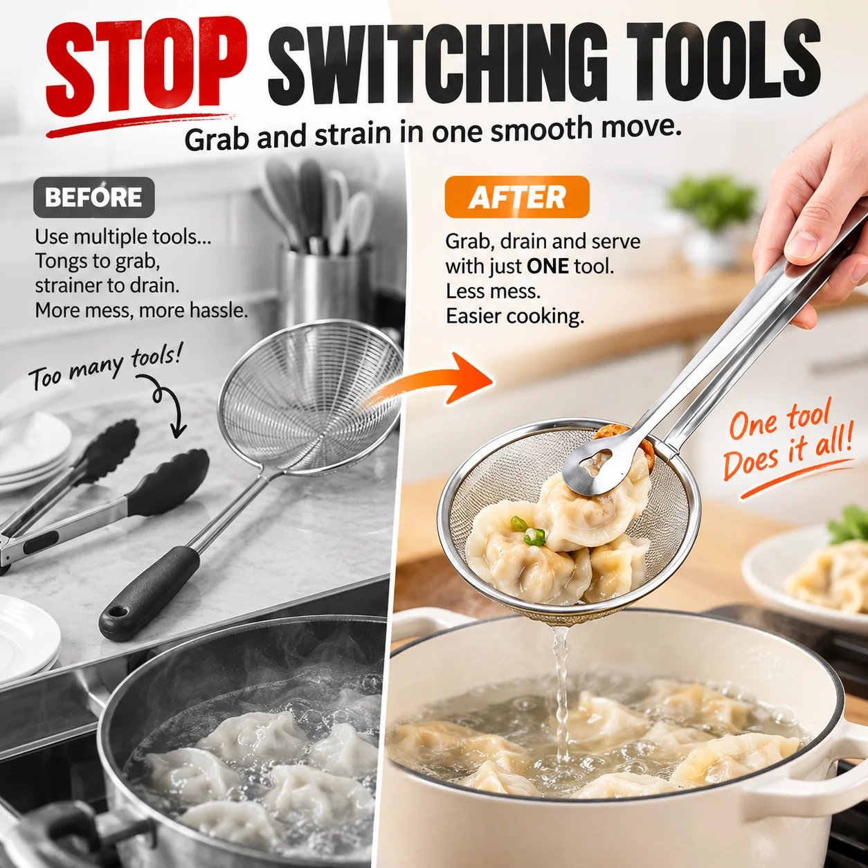 one kitchen tool replaces tongs and strainer