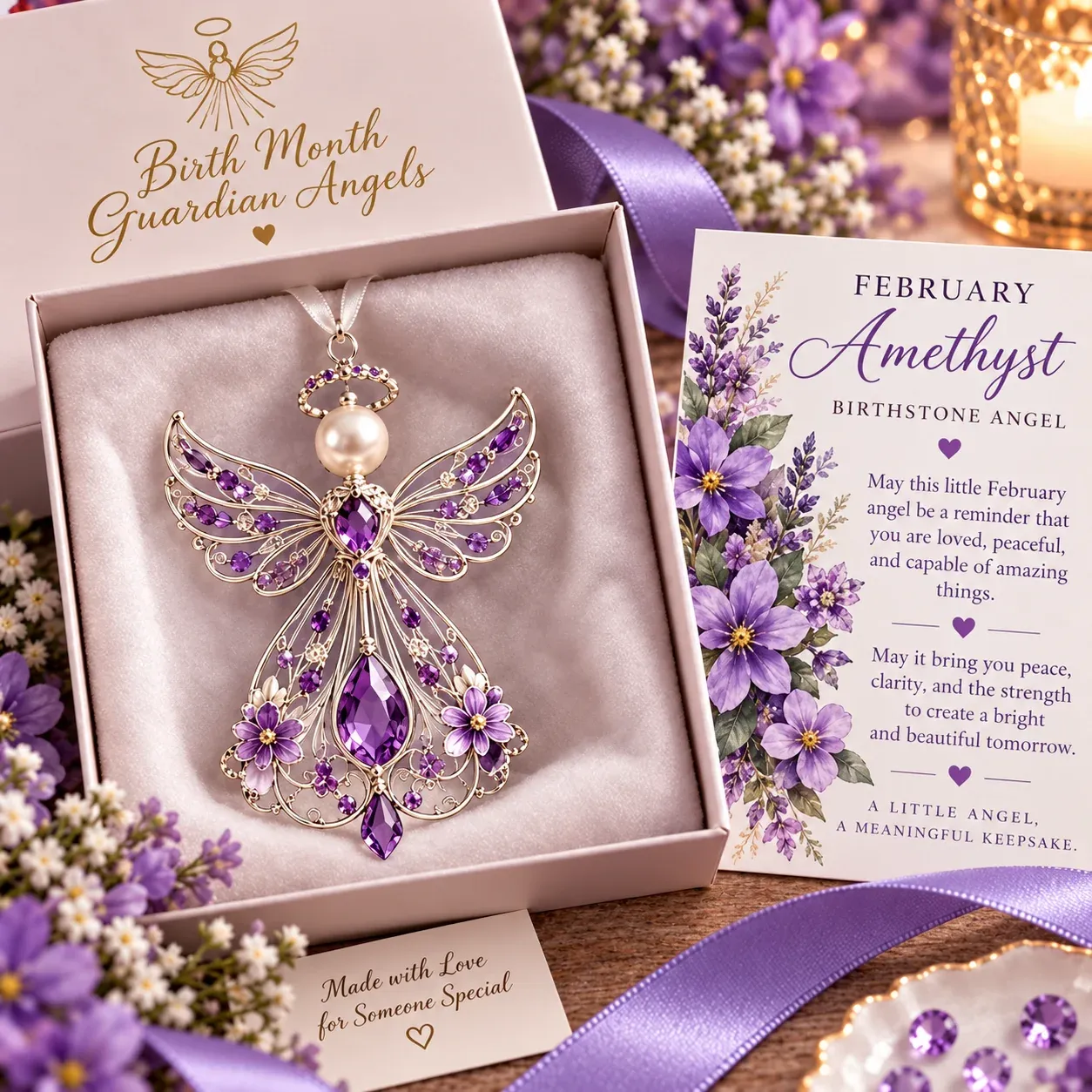 February guardian angel with amethyst purple-inspired accents