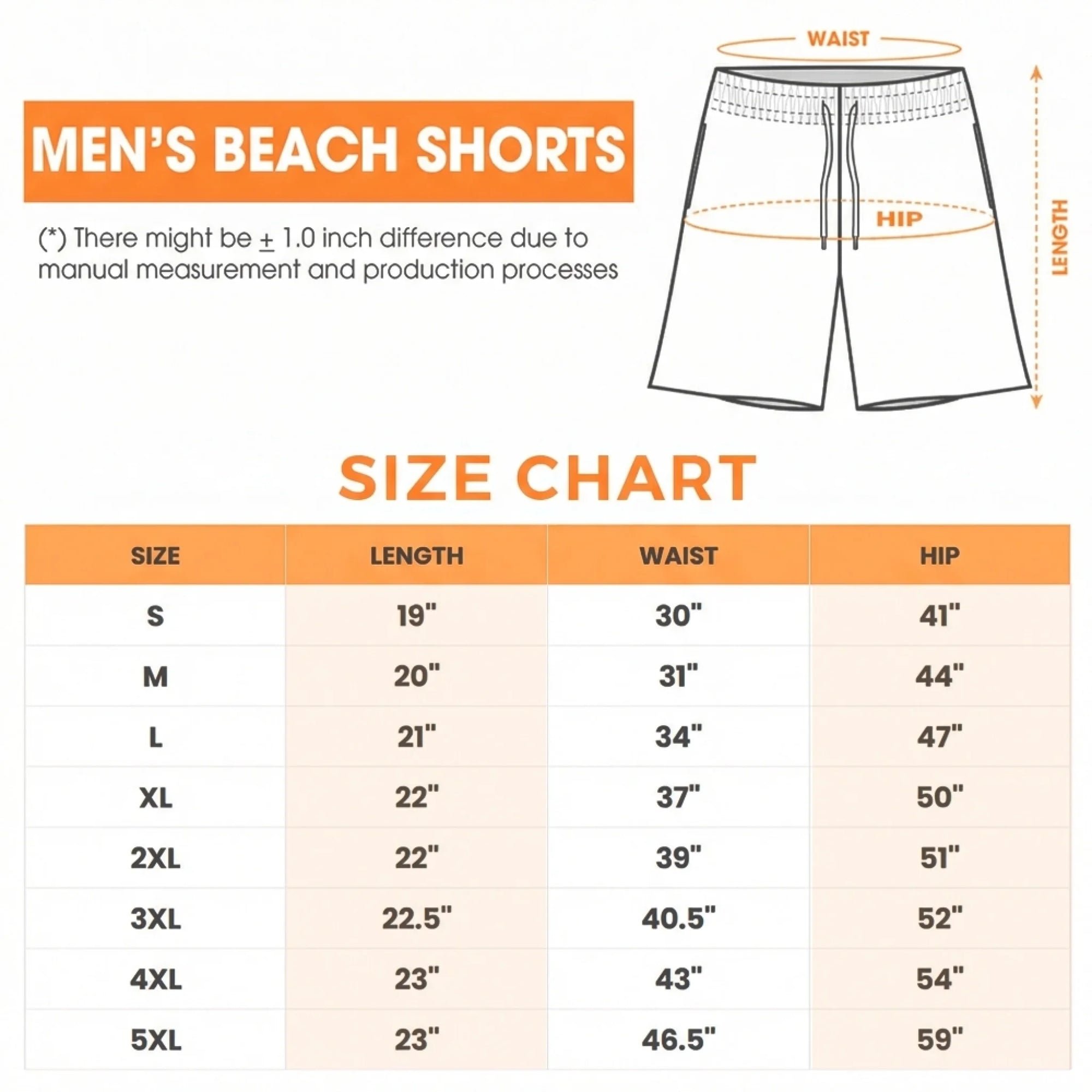 Men's swim trunks size chart