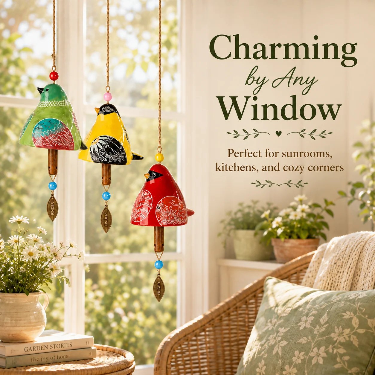 Colorful bird wind chimes hanging on a cozy porch