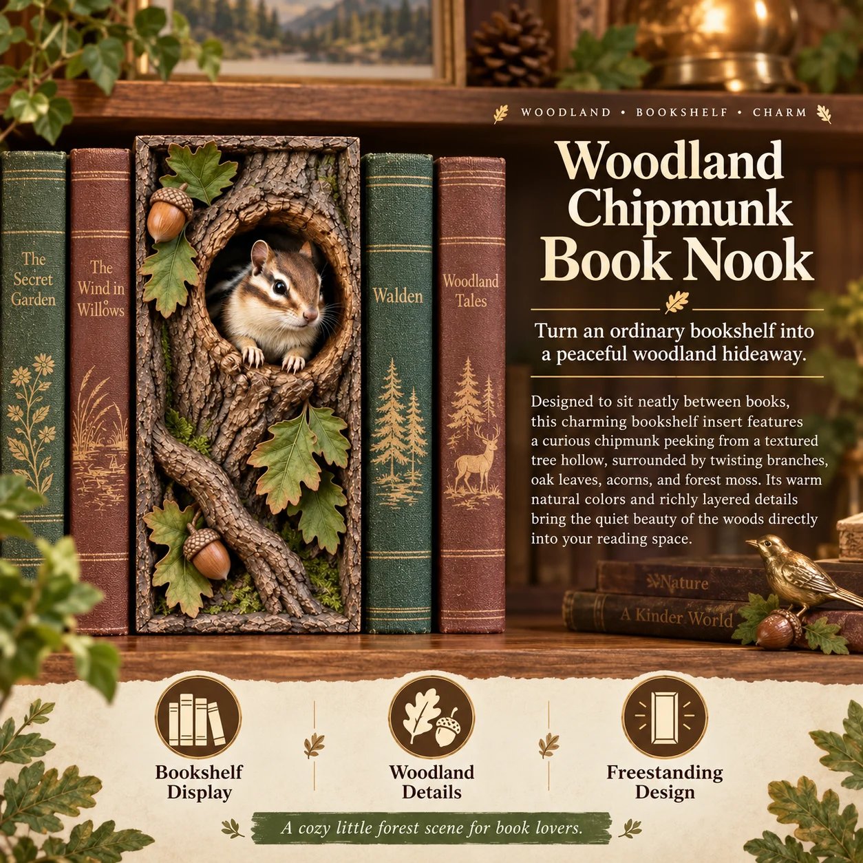 Woodland Chipmunk Book Nook on a bookshelf