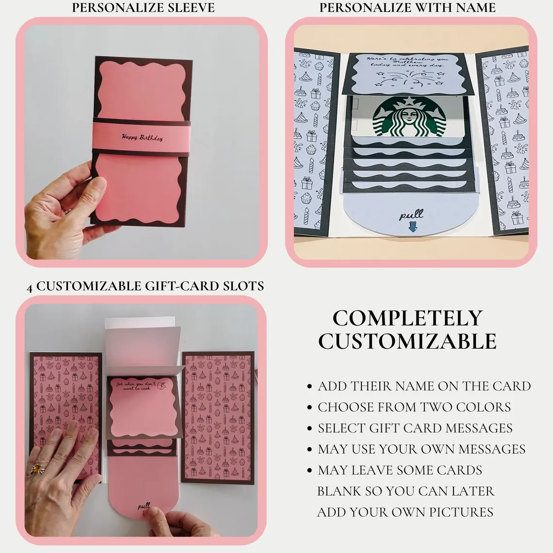 Customizable handmade birthday gift card holder book in pink and brown with personalized sleeve and name options, four gift card slots, space for custom messages or photos, perfect unique birthday card for grandmother, coworker, daughter, or college survival kit.