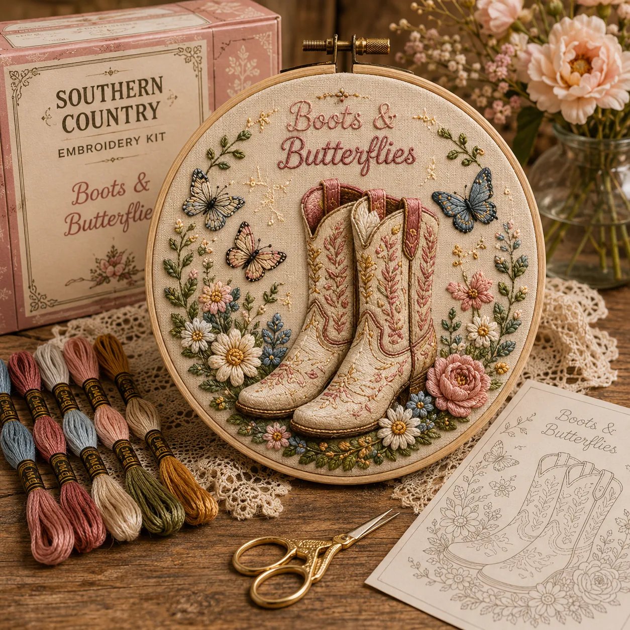 Boots and Butterflies Western embroidery kit design