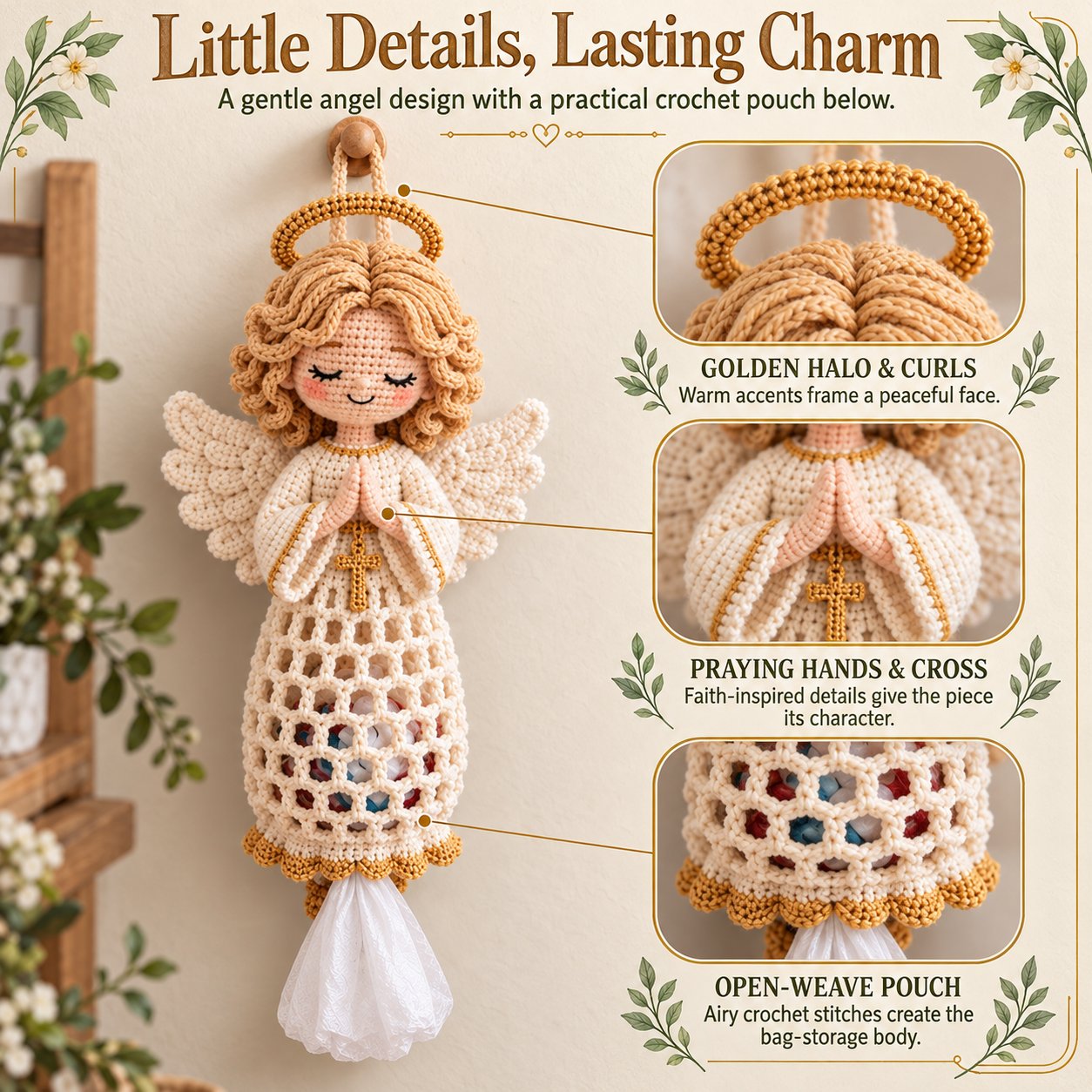 Guardian Angel bag holder with close-up panels showing curls and halo, praying hands and cross, and the open-weave pouch