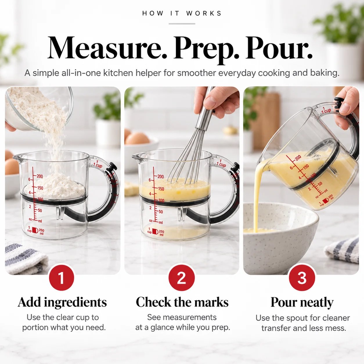 MeasureMate measure prep and pour three step kitchen process