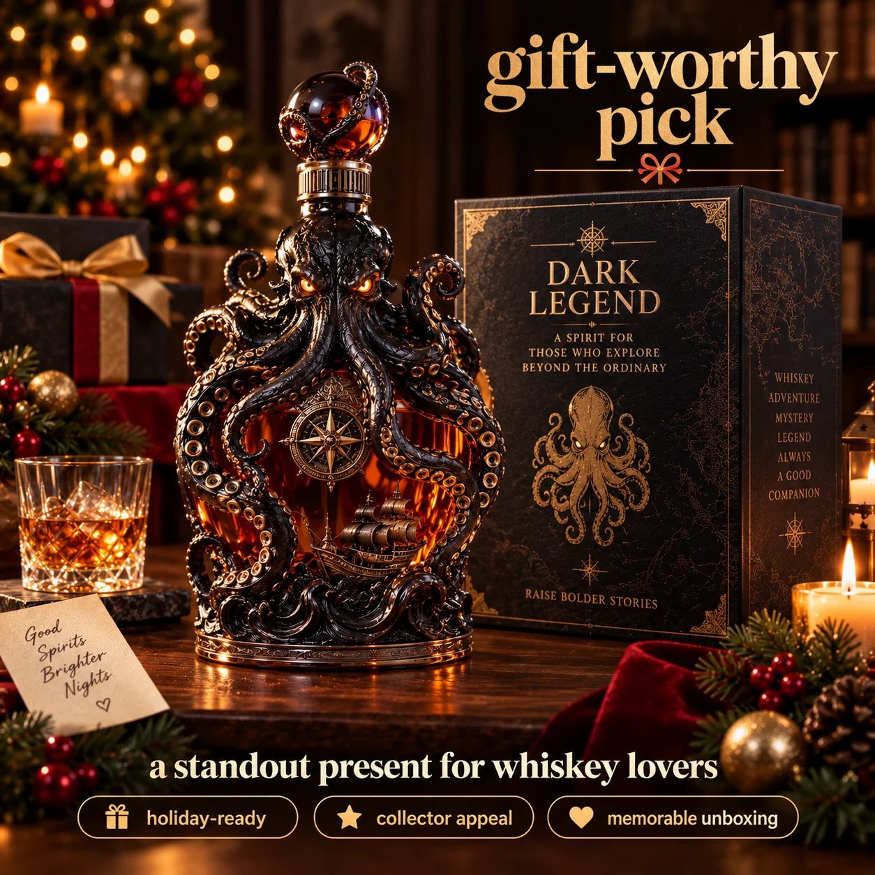 Amber Kraken decanter ready for serving spirits