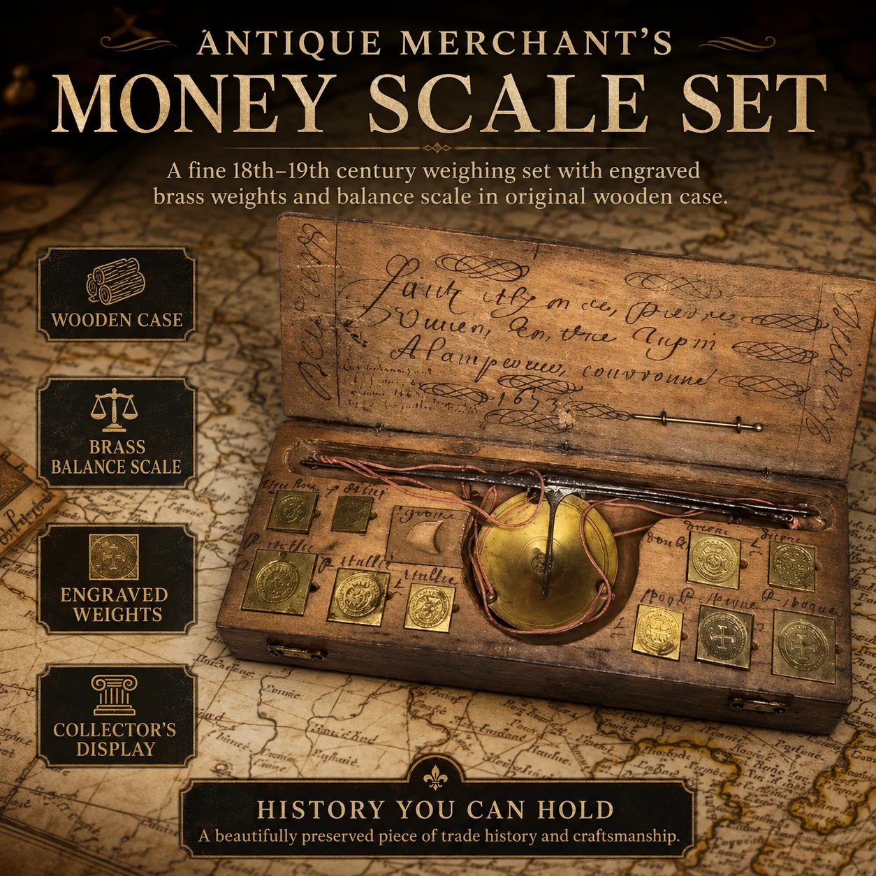 Antique Merchant's Money Scale set in wooden case