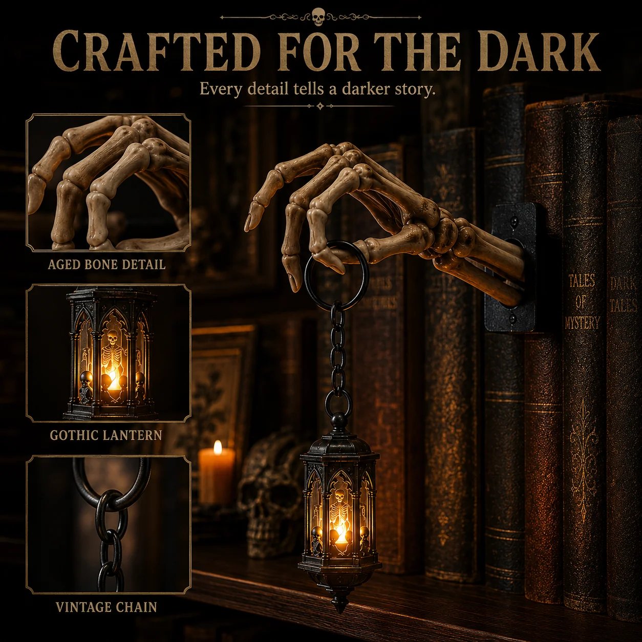 Skeleton hand lantern with aged bone gothic lantern and vintage chain details