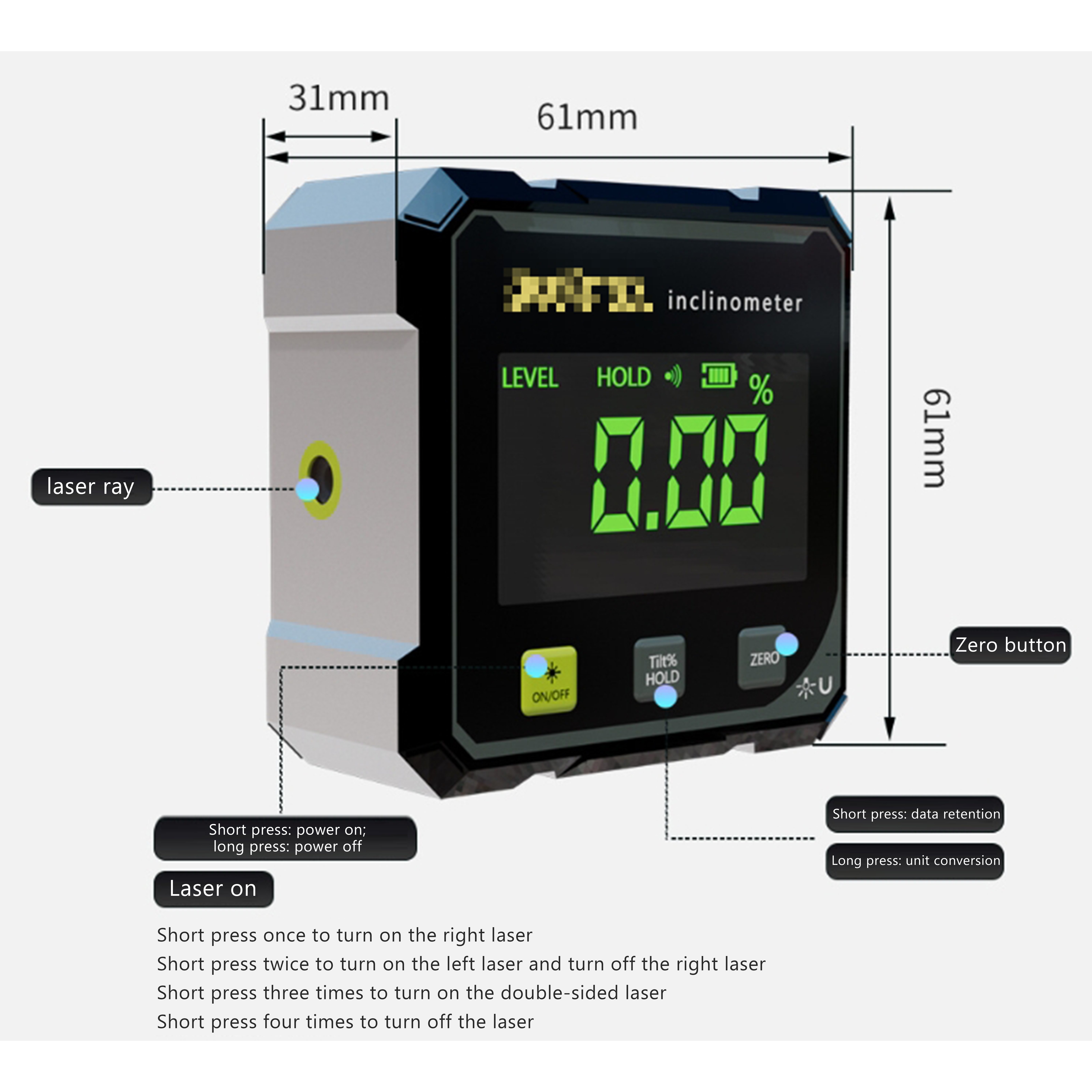 Digital angle gauge dimensions and specifications