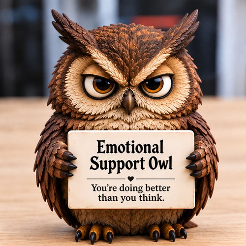 Brown Owl style holding its reassuring sign