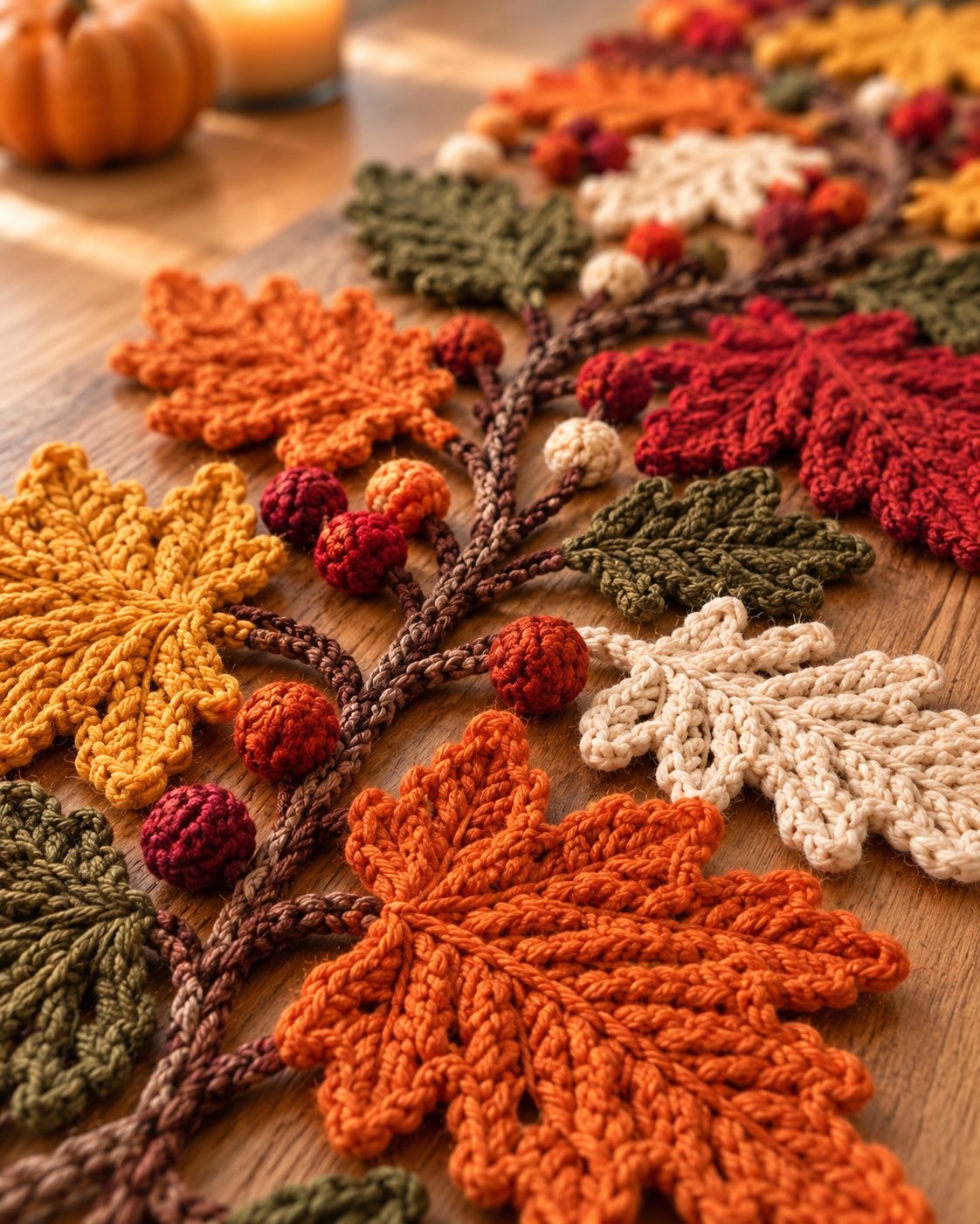 Close-up of crocheted cotton autumn leaves, berries and acorns in mustard, rust, olive and cream