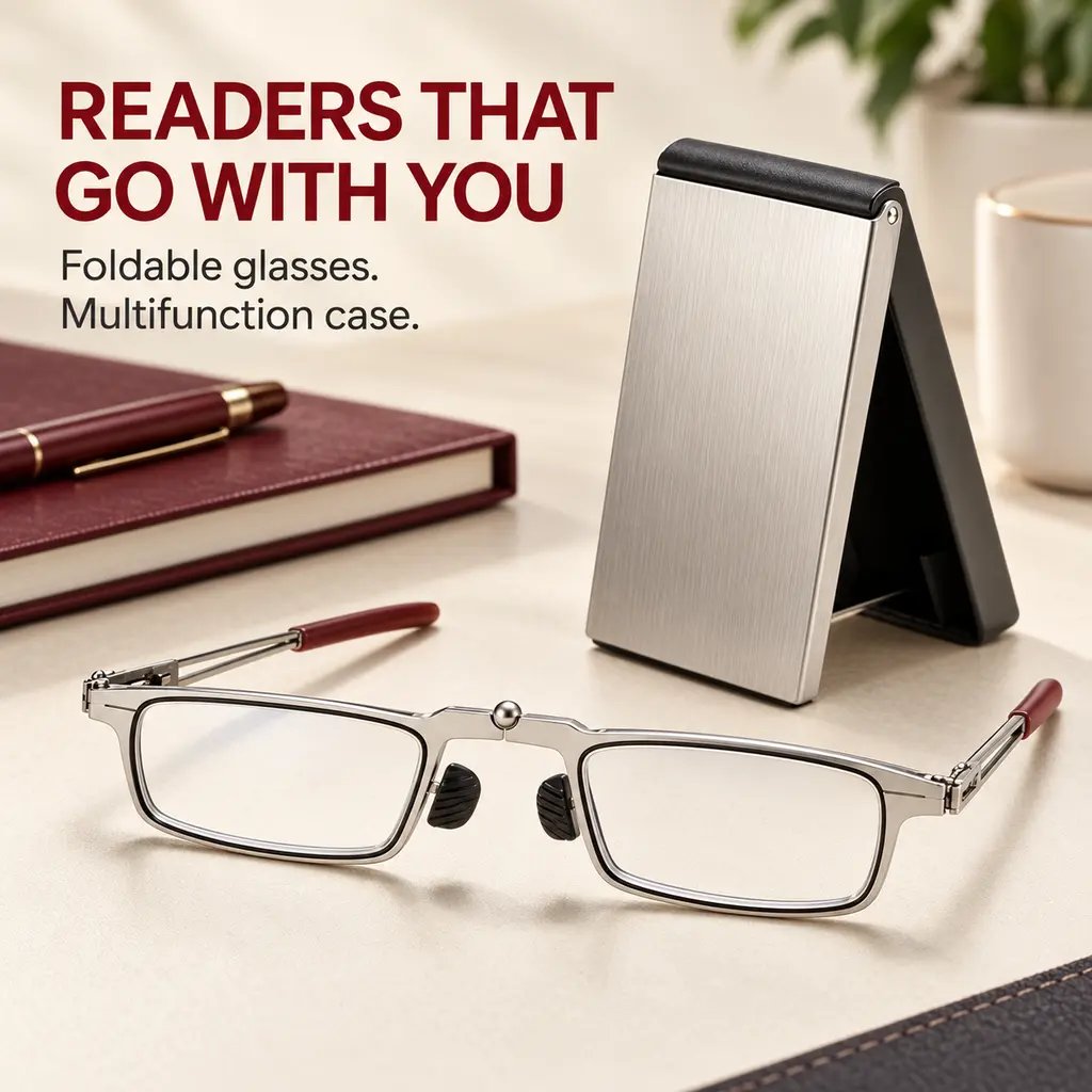 Folding silver reading glasses and brushed silver case