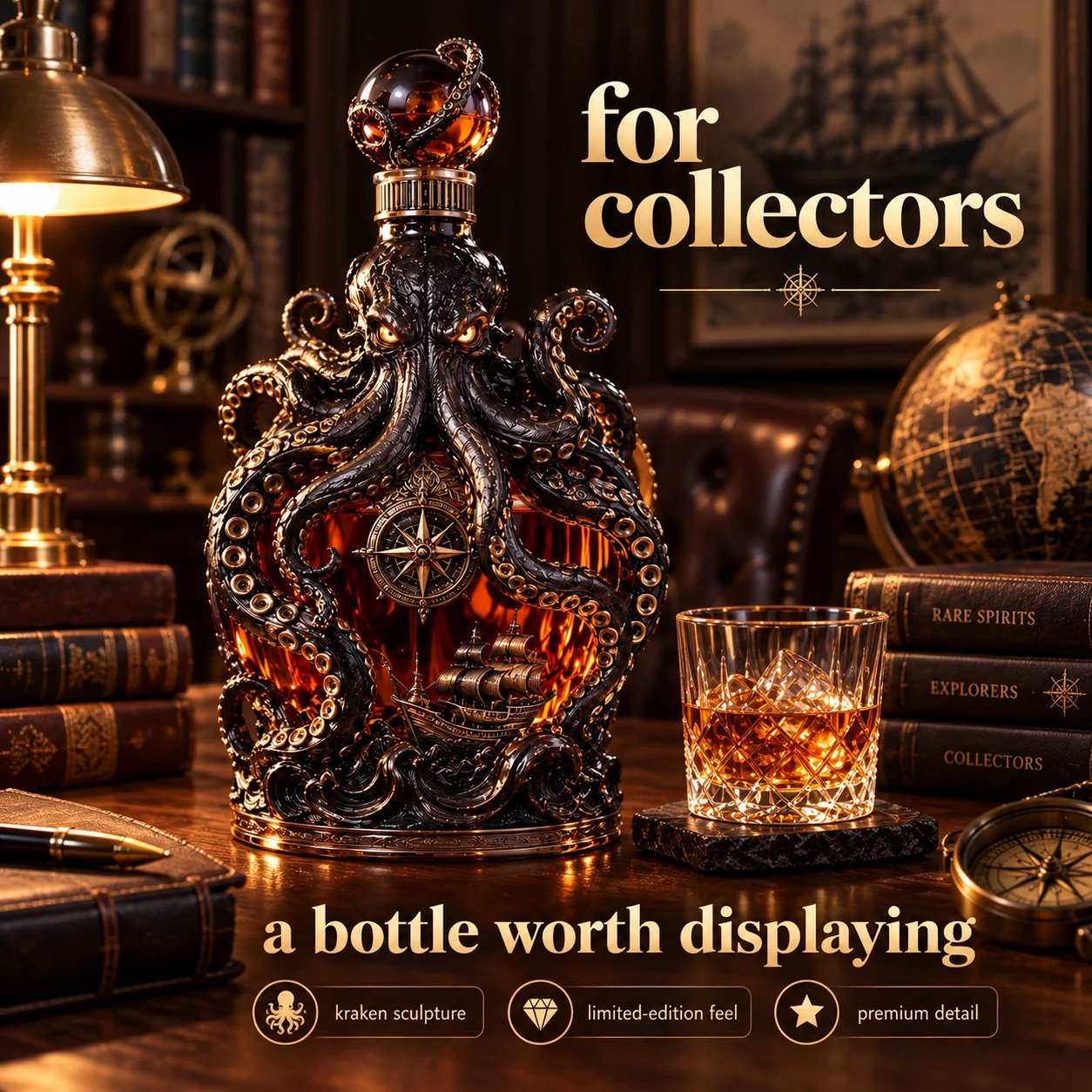 Kraken decanter arranged as a collector display
