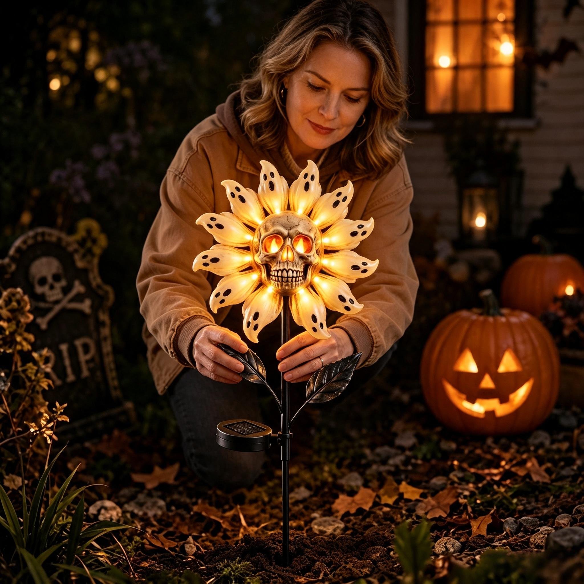 Skull and ghost sunflower solar Halloween garden stake