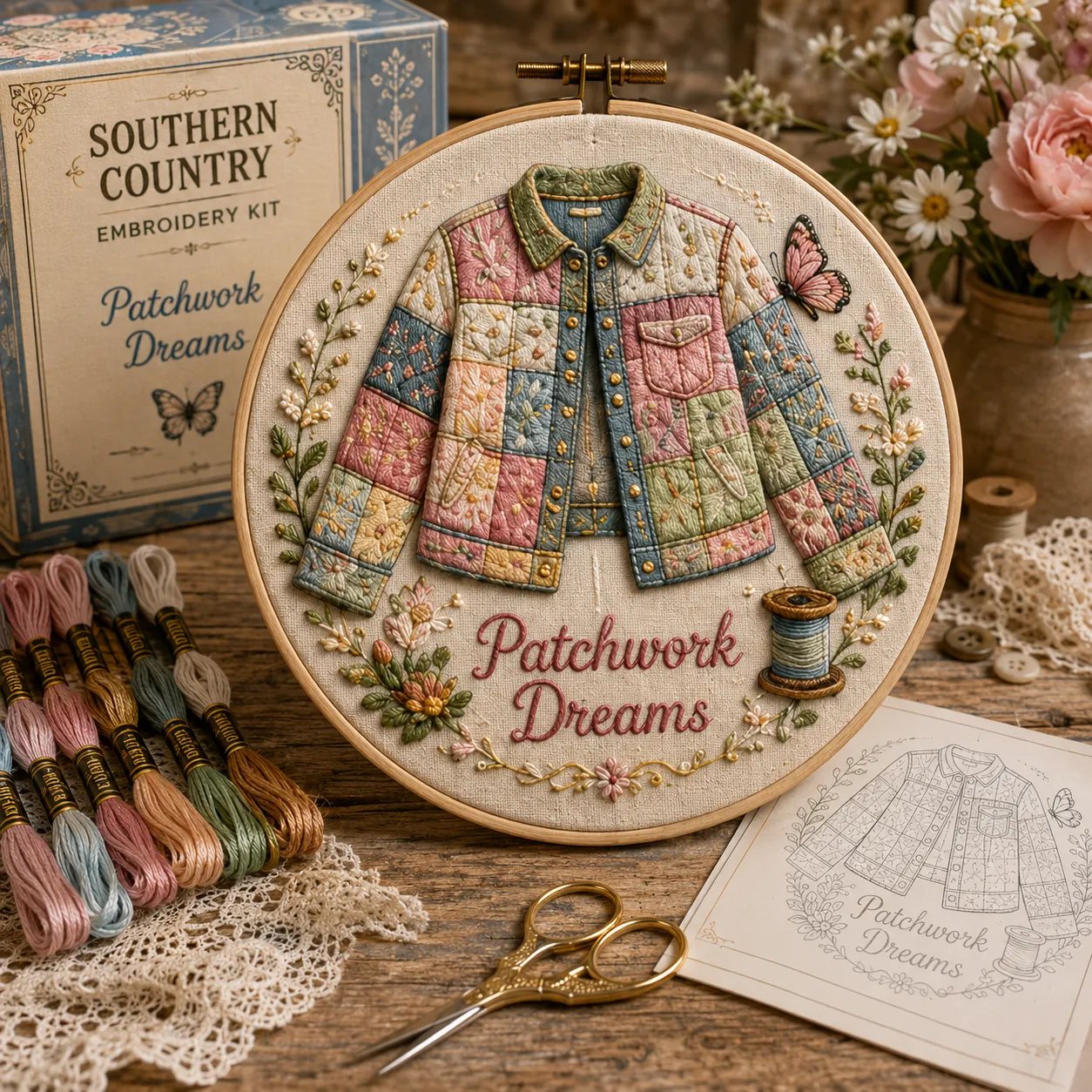 Patchwork Dreams quilted jacket embroidery kit design