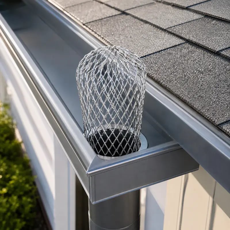Expandable metal mesh downspout strainer installed in gutter outlet