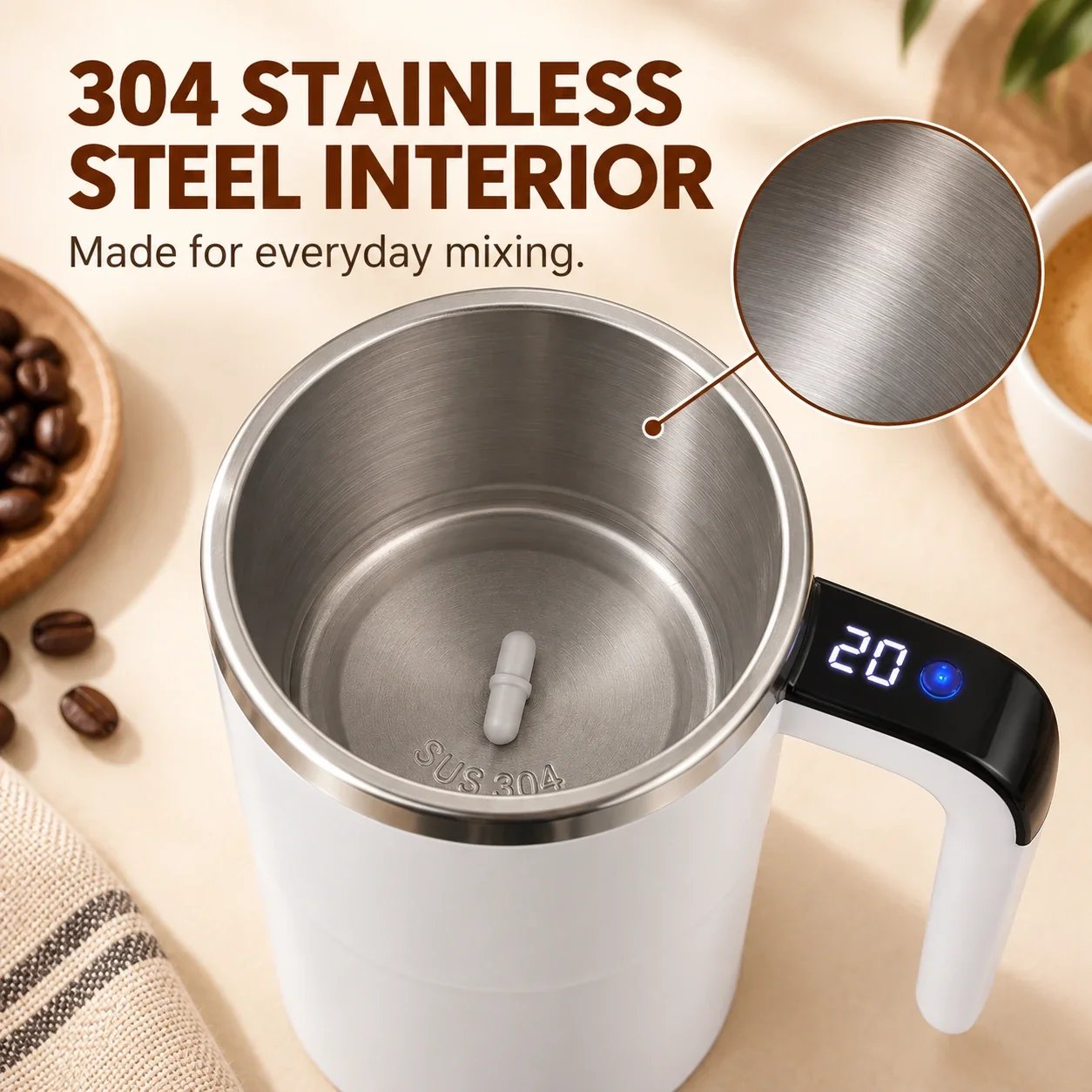 Fixed 304 stainless steel mug interior with built-in stirring spindle