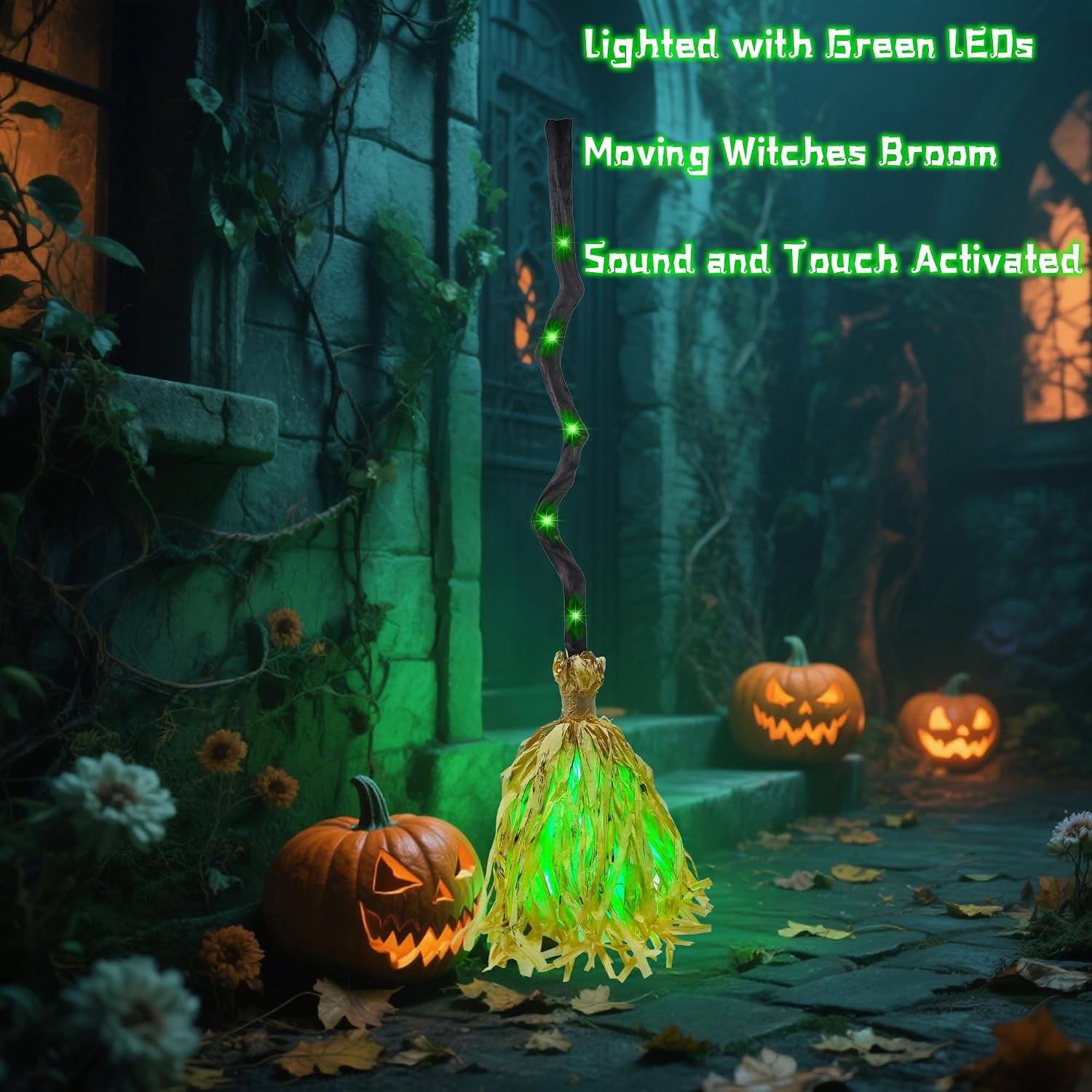 Animated witch broom features including green LEDs and sound activation