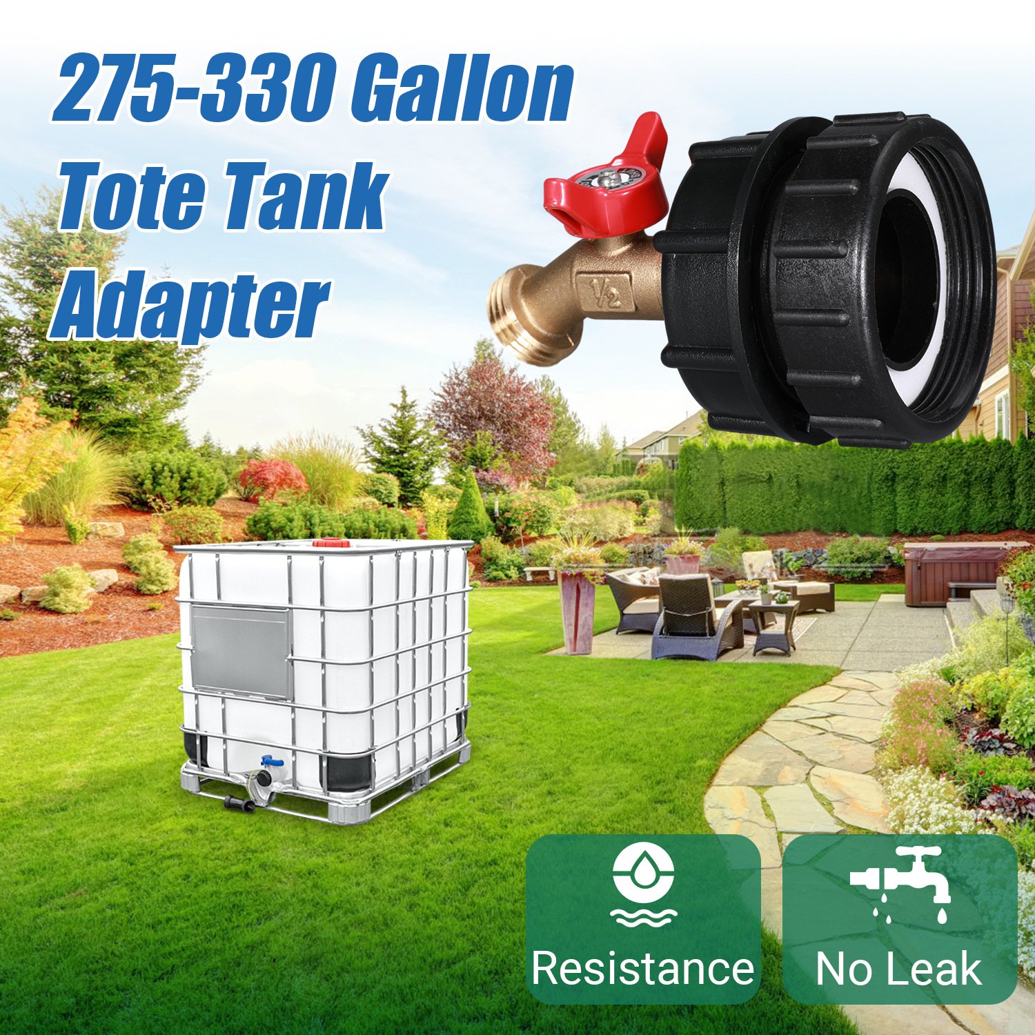 275-330 Gallon IBC Tote Tank Adapter - 2.44" Fine Thread, 1/2" NPT × 3/4" GHT Male Fittings with Garden Hose Quick Connector