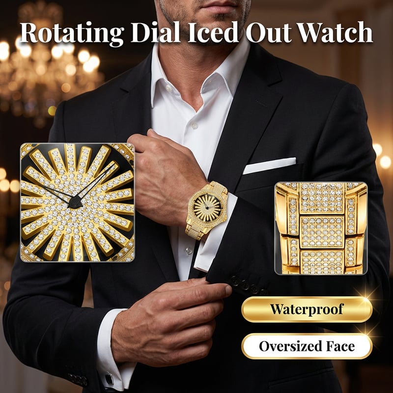 Rotating iced out oversized gold watch worn with a suit