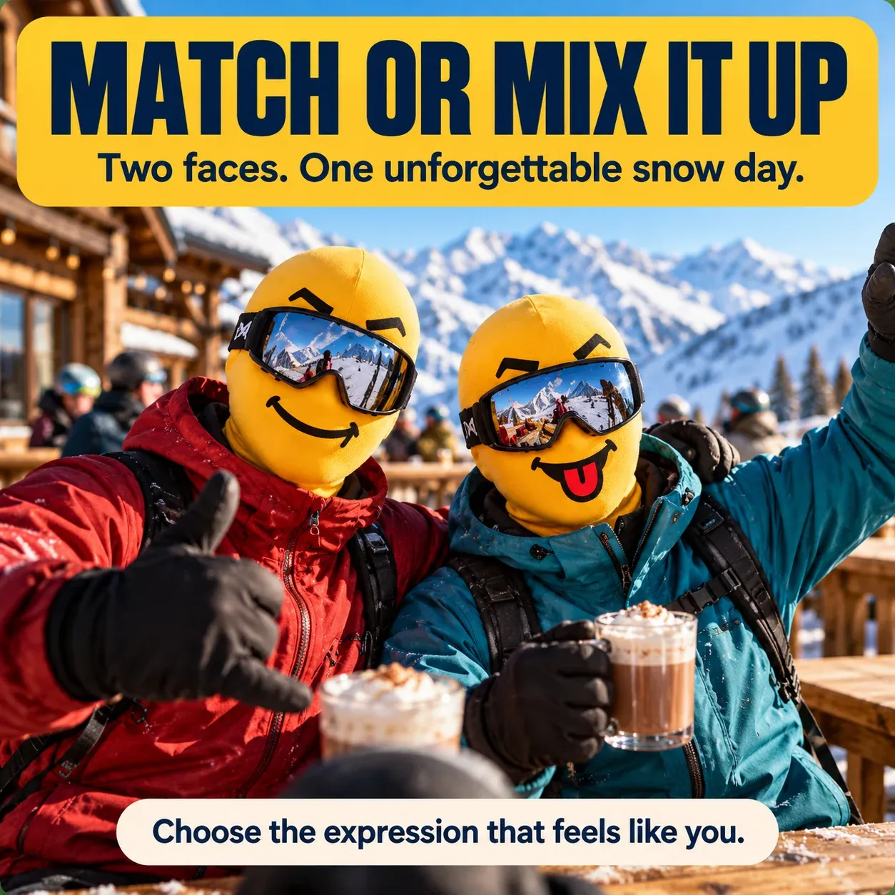 Two friends wearing Smile and Silly yellow ski masks