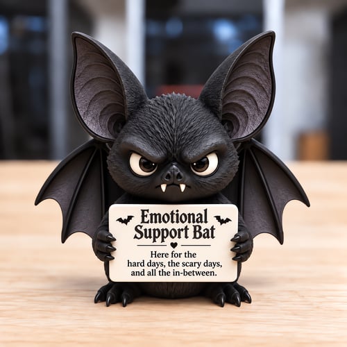 Bat style with oversized ears, wings, and an encouraging sign