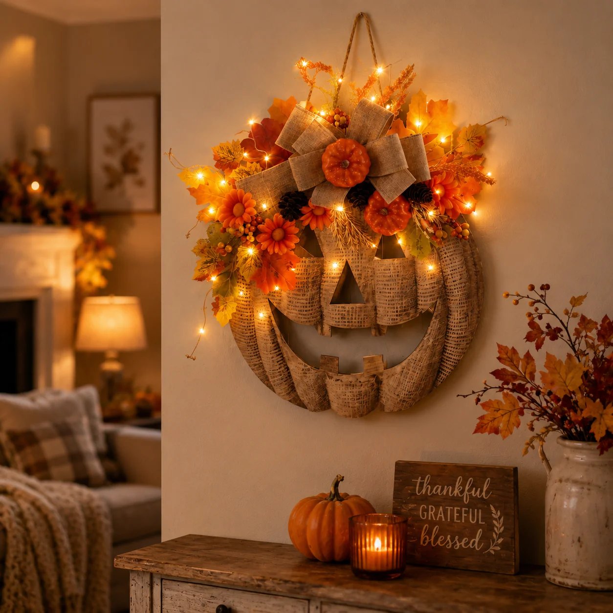 Lighted burlap pumpkin wreath for fall decoration