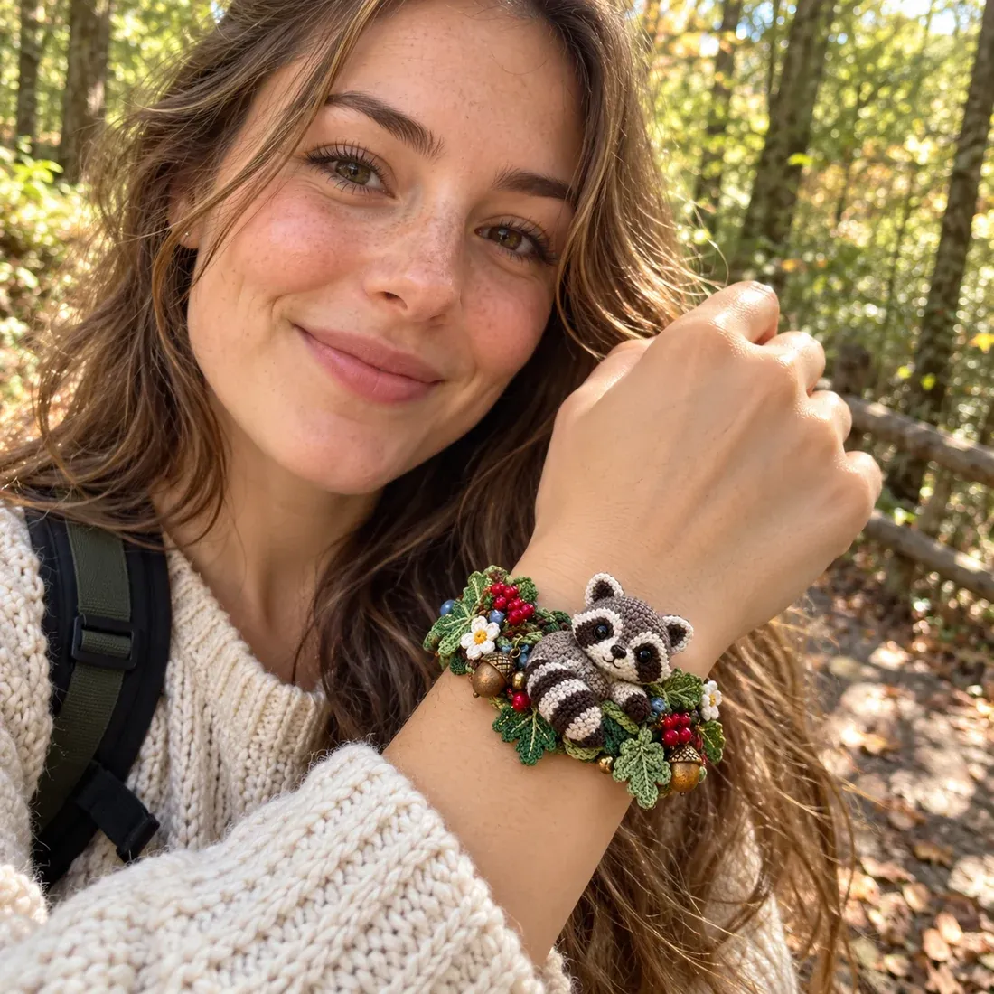 Woman wearing Cozy Raccoon woodland bracelet