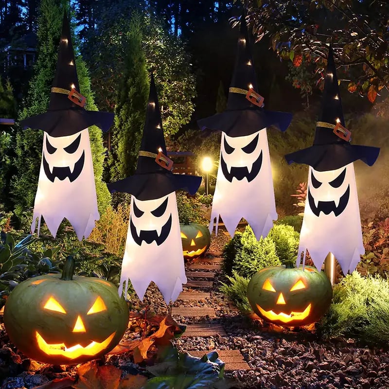 2pcs glowing ghost witch hat halloween decorations outdoor hanging lighted decor for yard tree and garden perfect for halloween parties and celebrations details 0