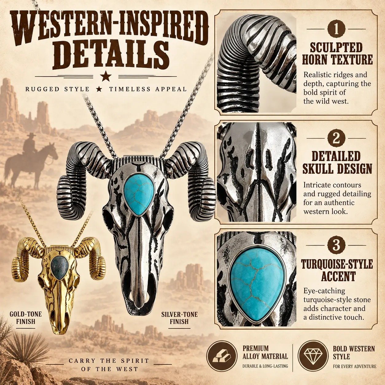 Close-up of sculpted ram horns and turquoise-style accent