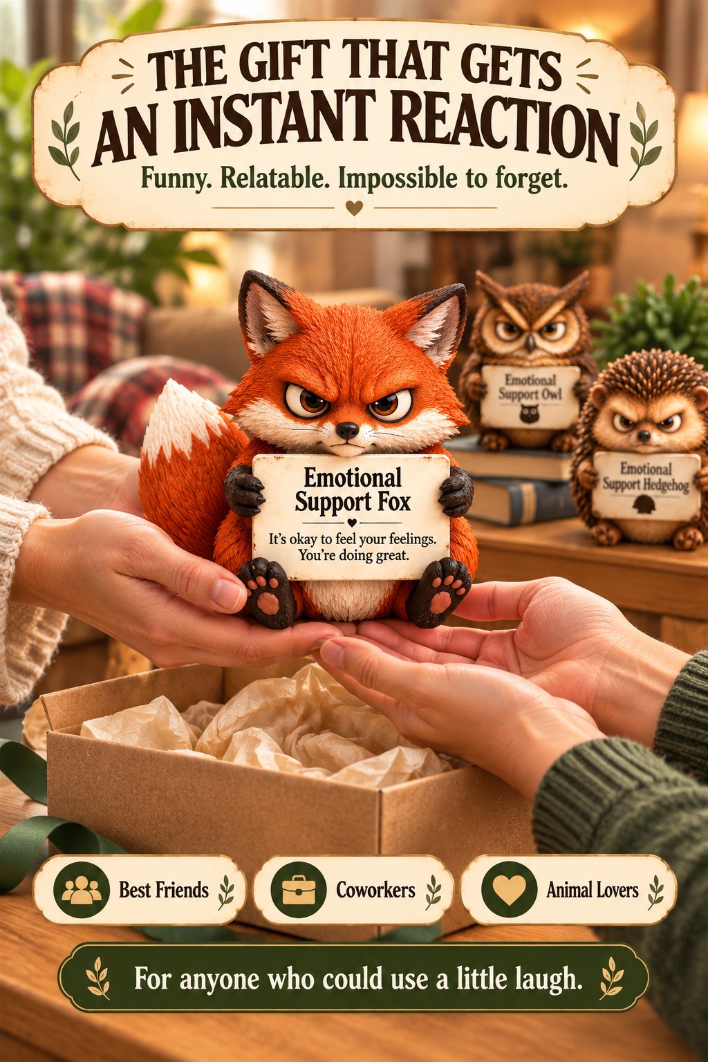 Gift illustration showing the Fox figure being given to another person, with Owl and Hedgehog nearby