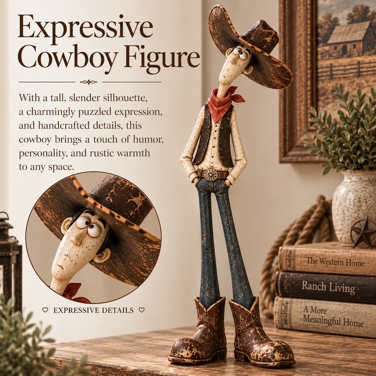 Expressive long-legged cowboy figurine