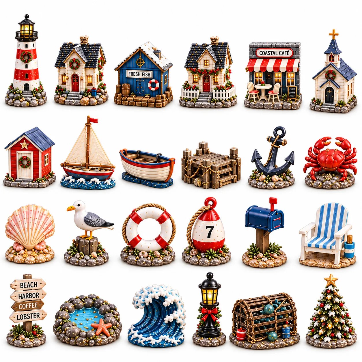 Coastal collection featuring a lighthouse, cottages, boats, shells and harbor designs