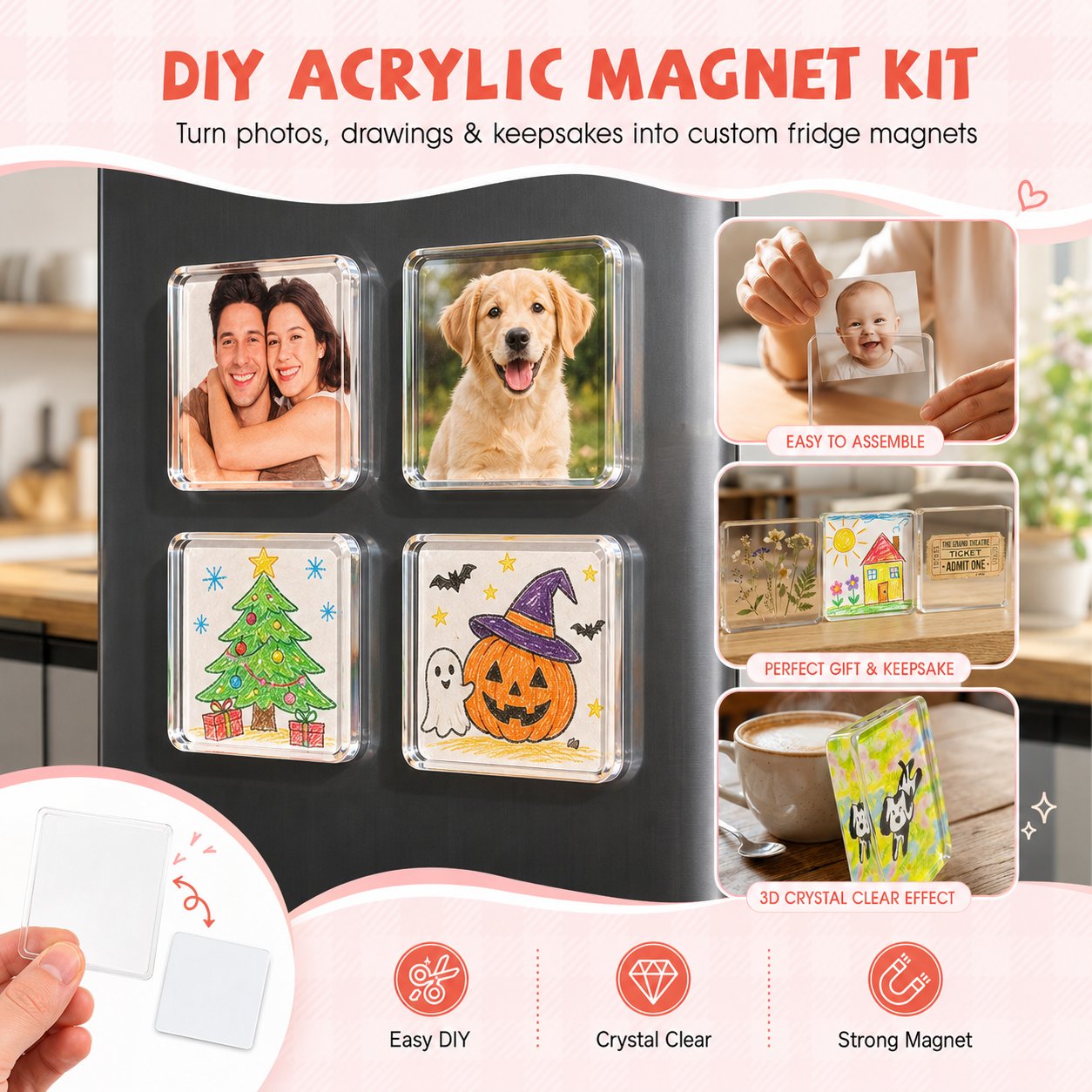 DIY square acrylic photo fridge magnet kit