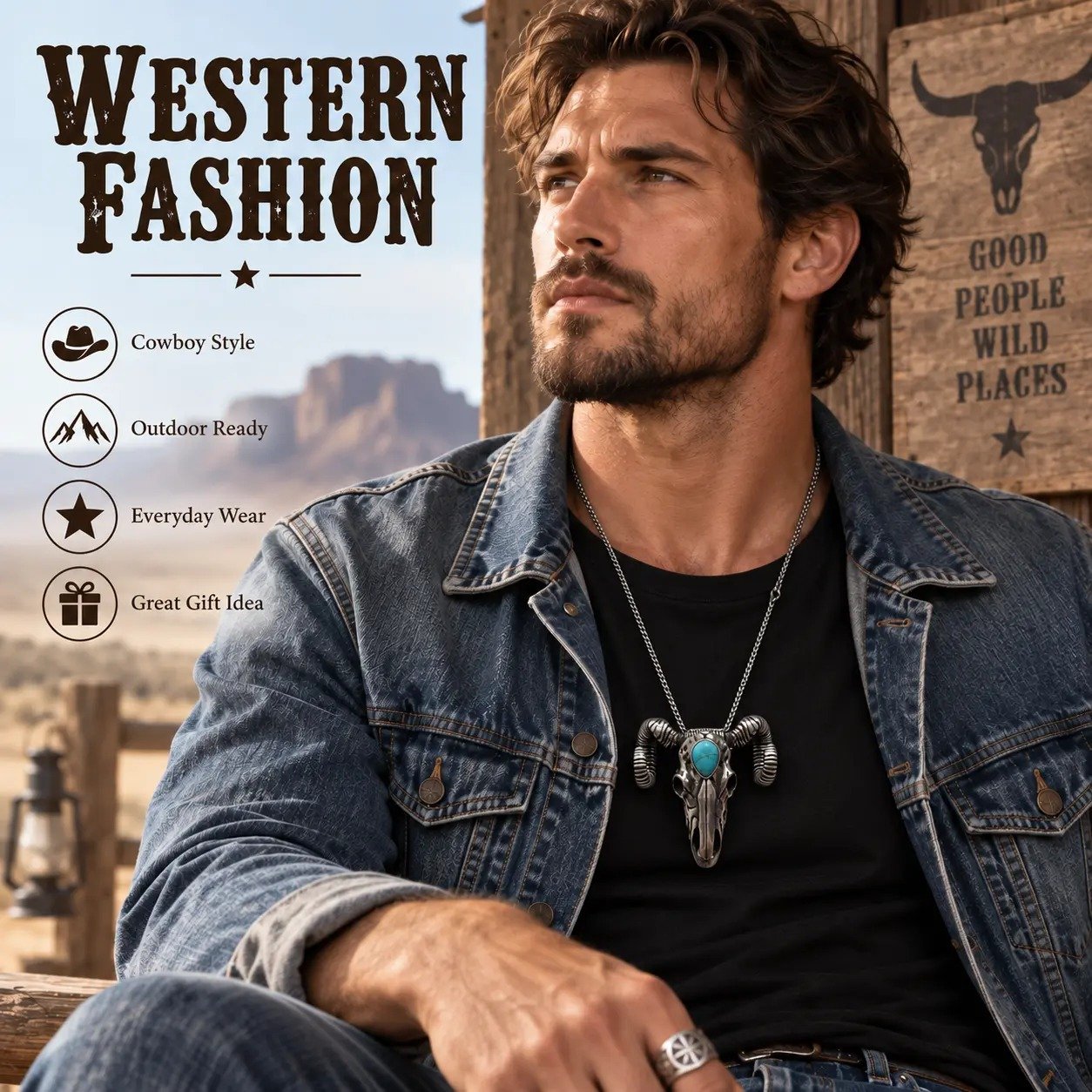 Man wearing a turquoise-style ram skull pendant